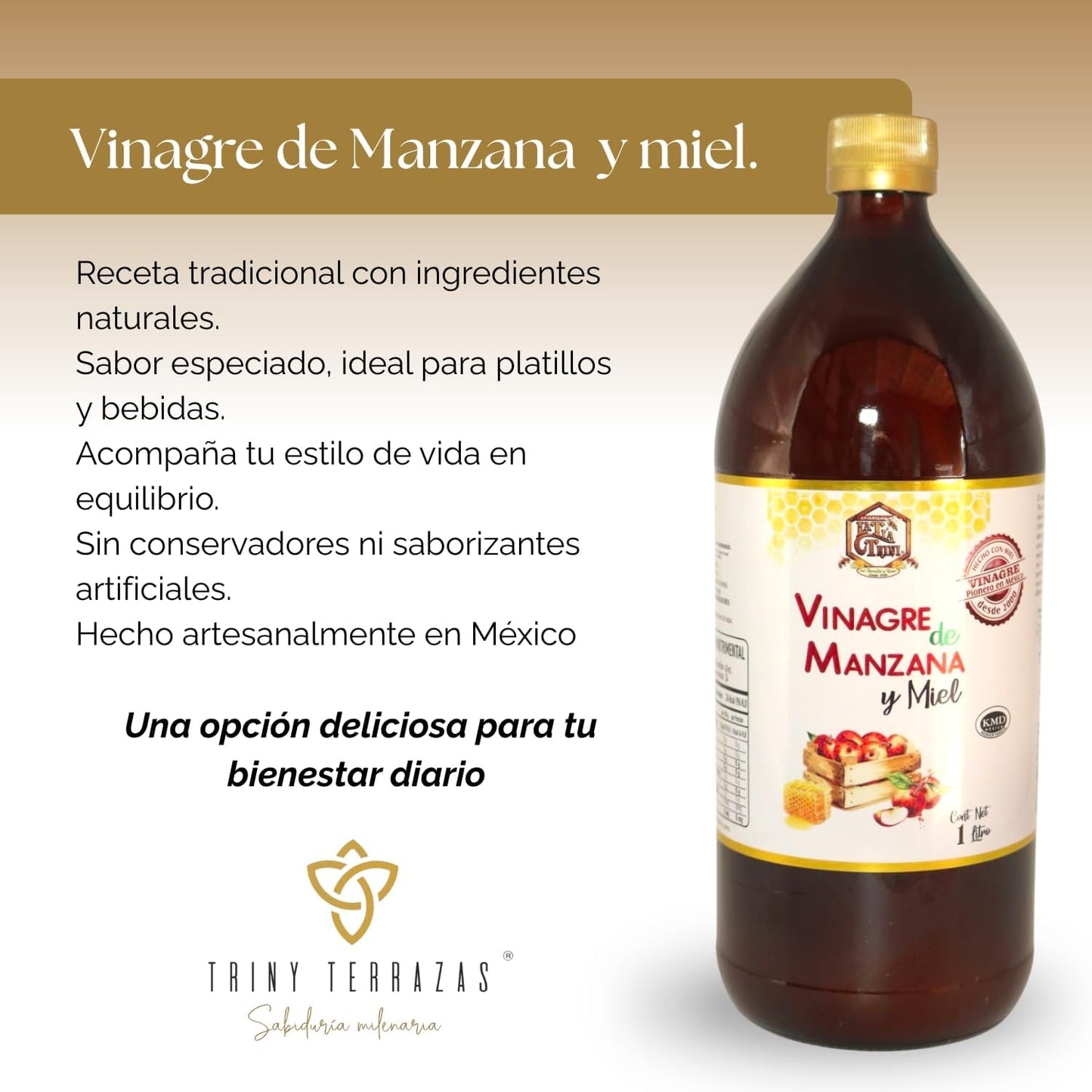 Vinagre de Manzana: Con miel / 1L / Paquete de 2 botellas total 2L