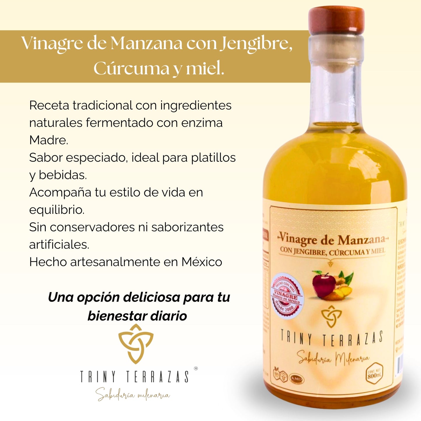 Vinagre Oro: Vinagre de Manzana con Jengibre, Cúrcuma y Miel / 800 ML