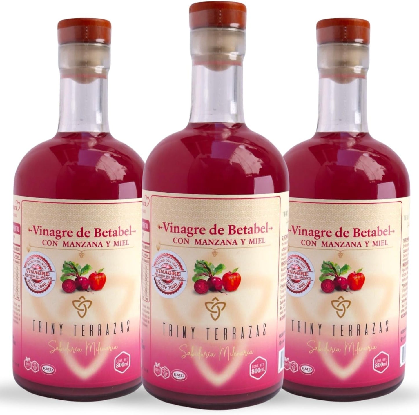 Vinagre de Betabel: Con Manzana y Miel / 800 ML / Paquete de 3 botellas total 2,400 ML