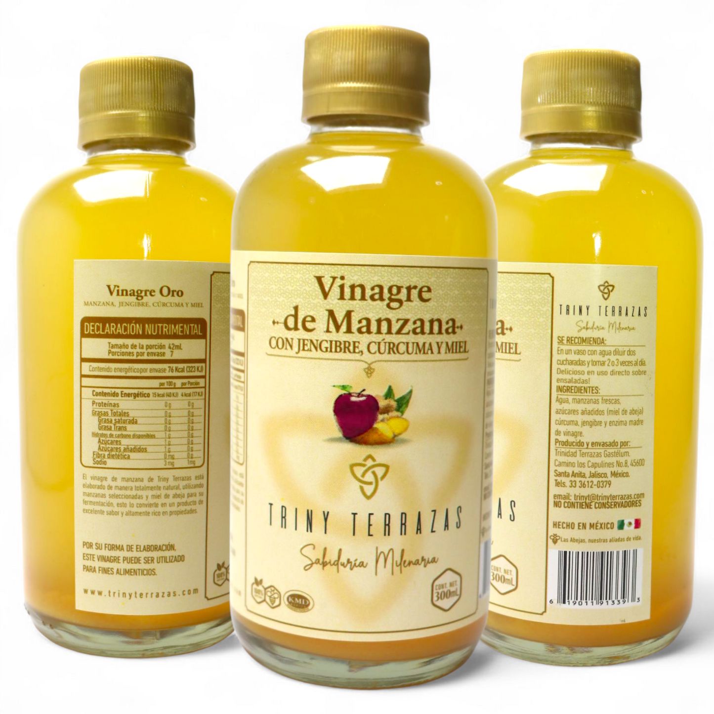 Vinagre Oro: Vinagre de Manzana con Jengibre, Cúrcuma y Miel /300 ML