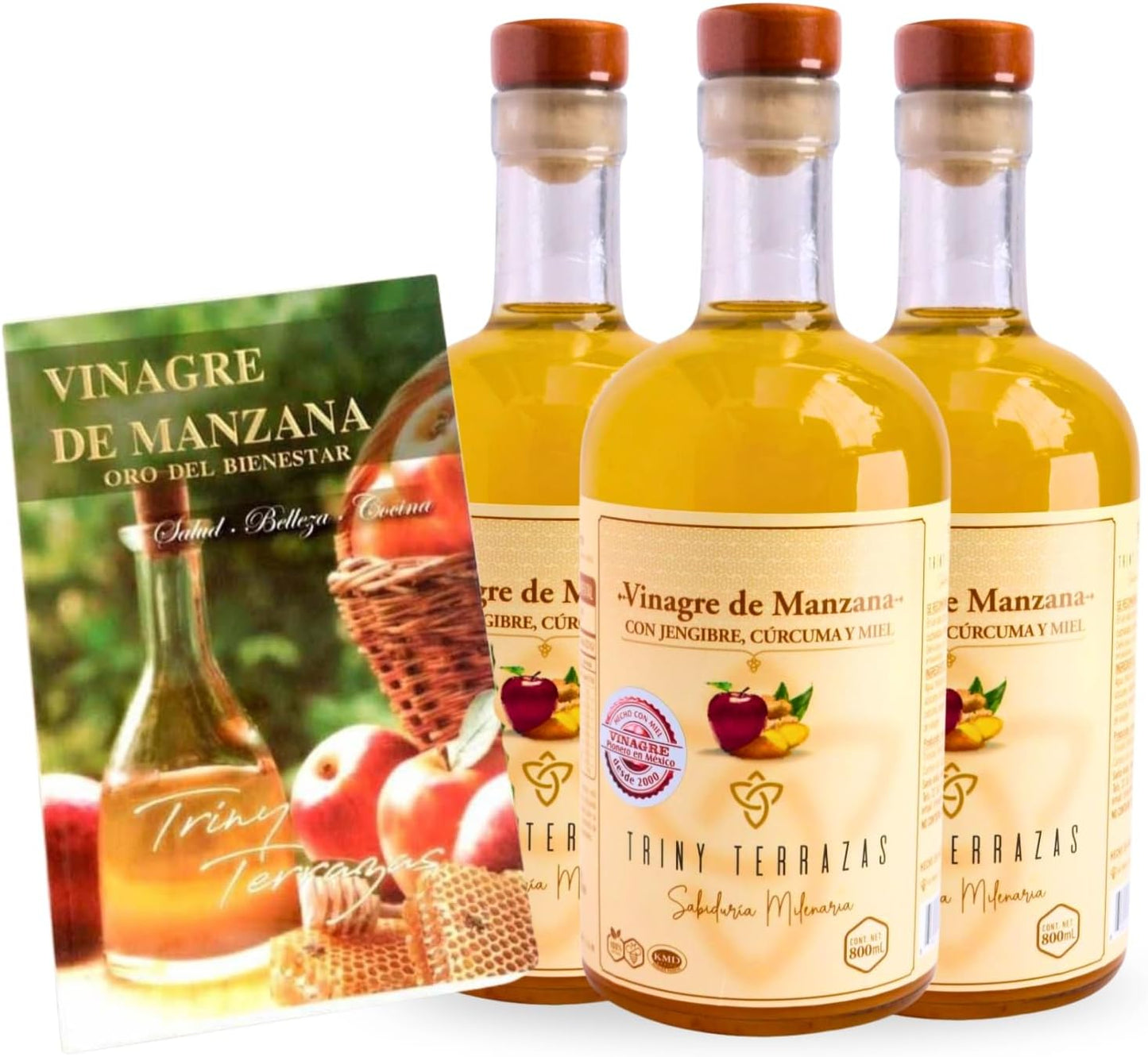 Vinagre Oro: Vinagre de Manzana con Jengibre, Cúrcuma y Miel / 800 ML / Paquete de 3 botellas incluye libro gratis total 2,400 ML