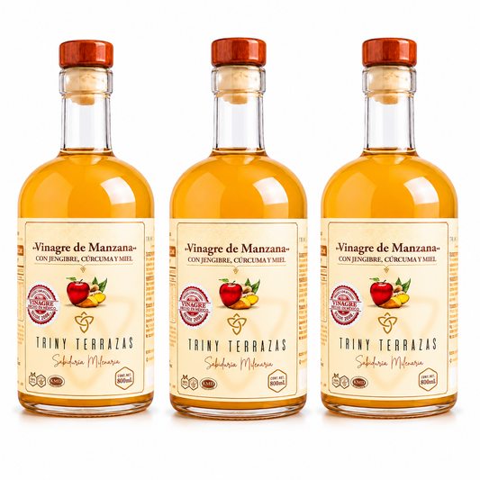 Vinagre Oro: Vinagre de Manzana con Jengibre, Cúrcuma y Miel / 800 ML / Paquete de 3 botellas total 2,400 ML