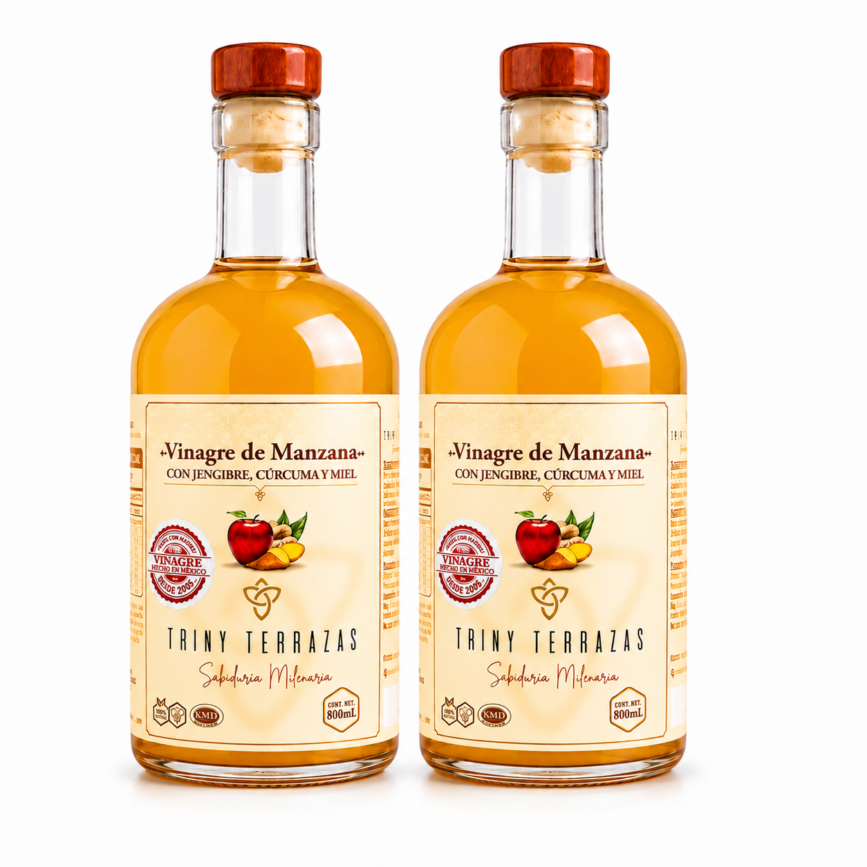 Vinagre Oro: Vinagre de Manzana con Jengibre, Cúrcuma y Miel / 800 ML / Paquete de 2 botellas total 1,600 ML