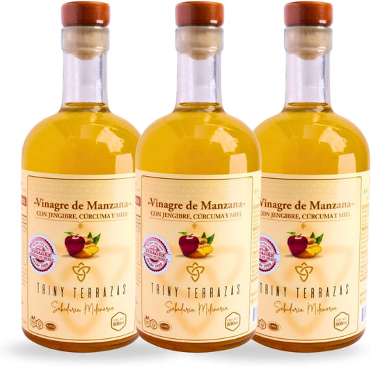 Vinagre Oro: Vinagre de Manzana con Jengibre, Cúrcuma y Miel / 800 ML / Paquete de 3 botellas total 2,400 ML