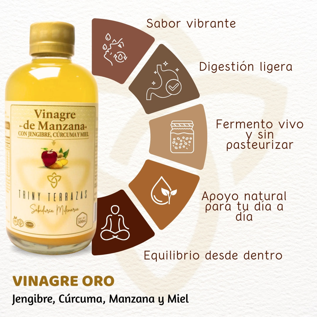 Vinagre Oro: Vinagre de Manzana con Jengibre, Cúrcuma y Miel /300 ML