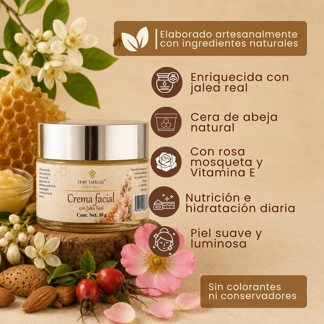 Crema Facial con: Jalea Real, Rosa Mosqueta y Cera Pura de Abeja /50 g
