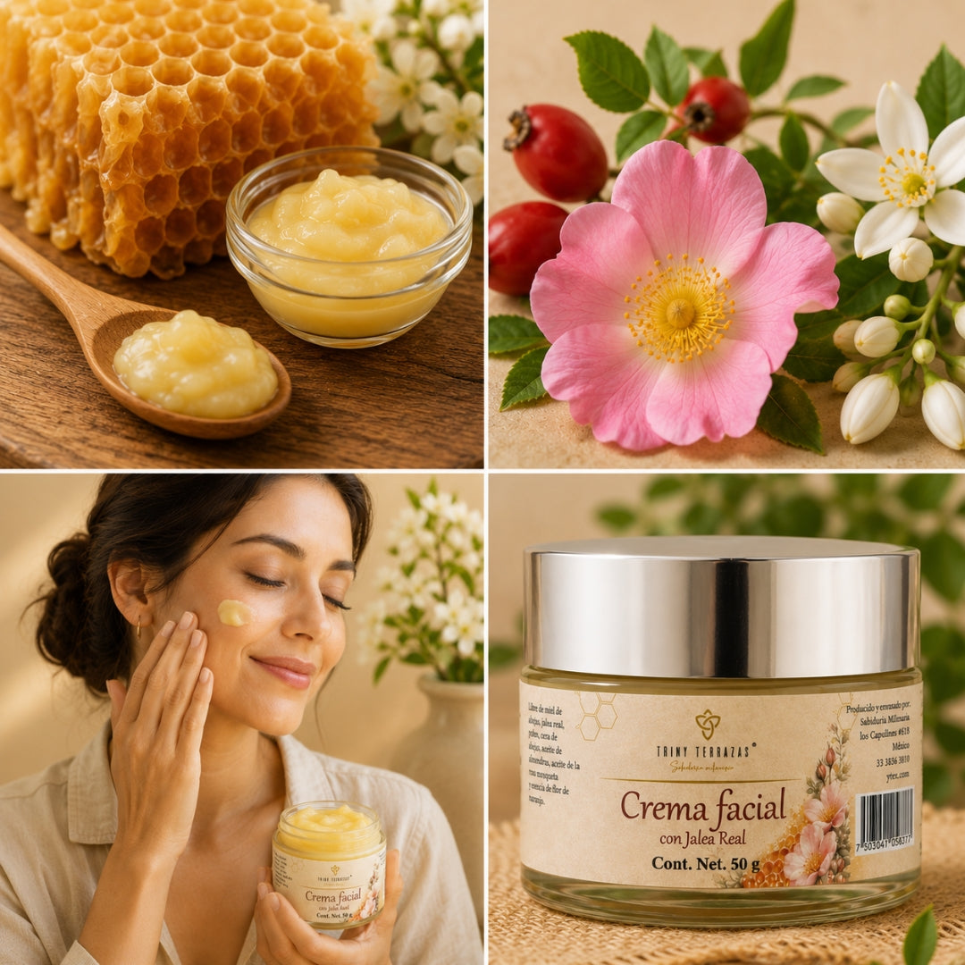 Crema Facial con: Jalea Real, Rosa Mosqueta y Cera Pura de Abeja /50 g