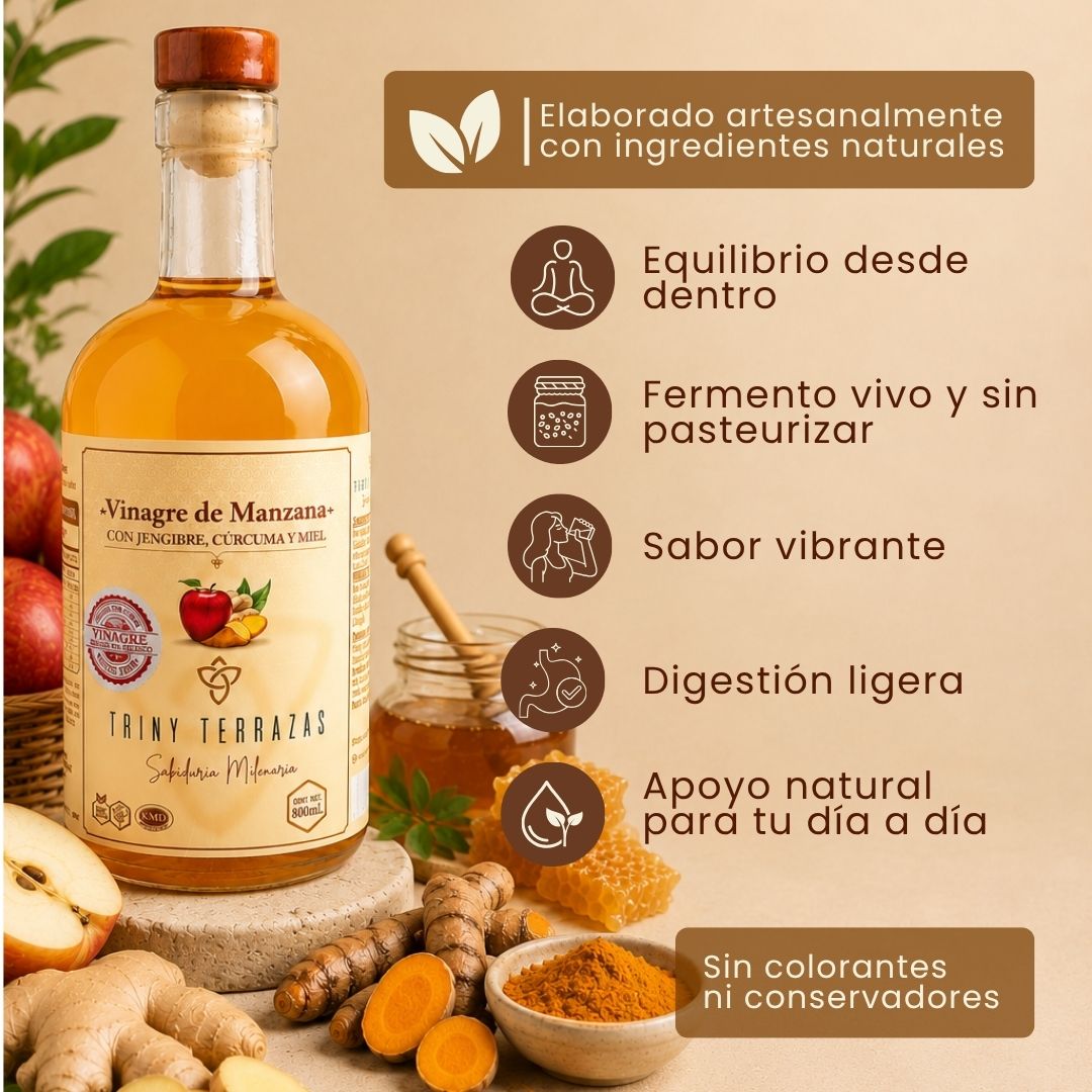 Vinagre Oro: Vinagre de Manzana con Jengibre, Cúrcuma y Miel / 800 ML