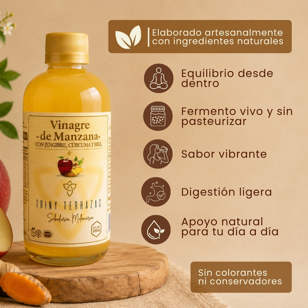 Vinagre Oro: Vinagre de Manzana con Jengibre, Cúrcuma y Miel /300 ML